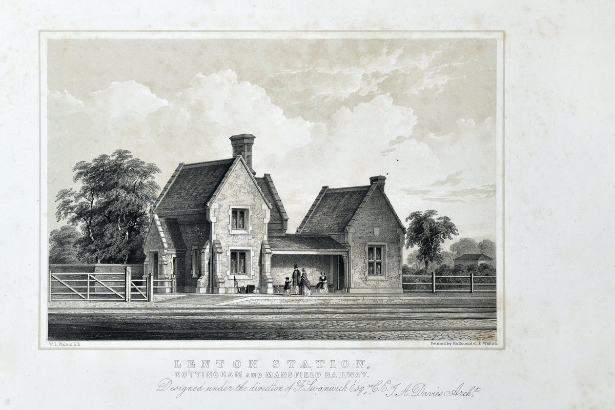 Lenton Station, Nottingham and Mansfield Railway, n. 1848 (sävytetty litografia paperille) af W.L. Walton