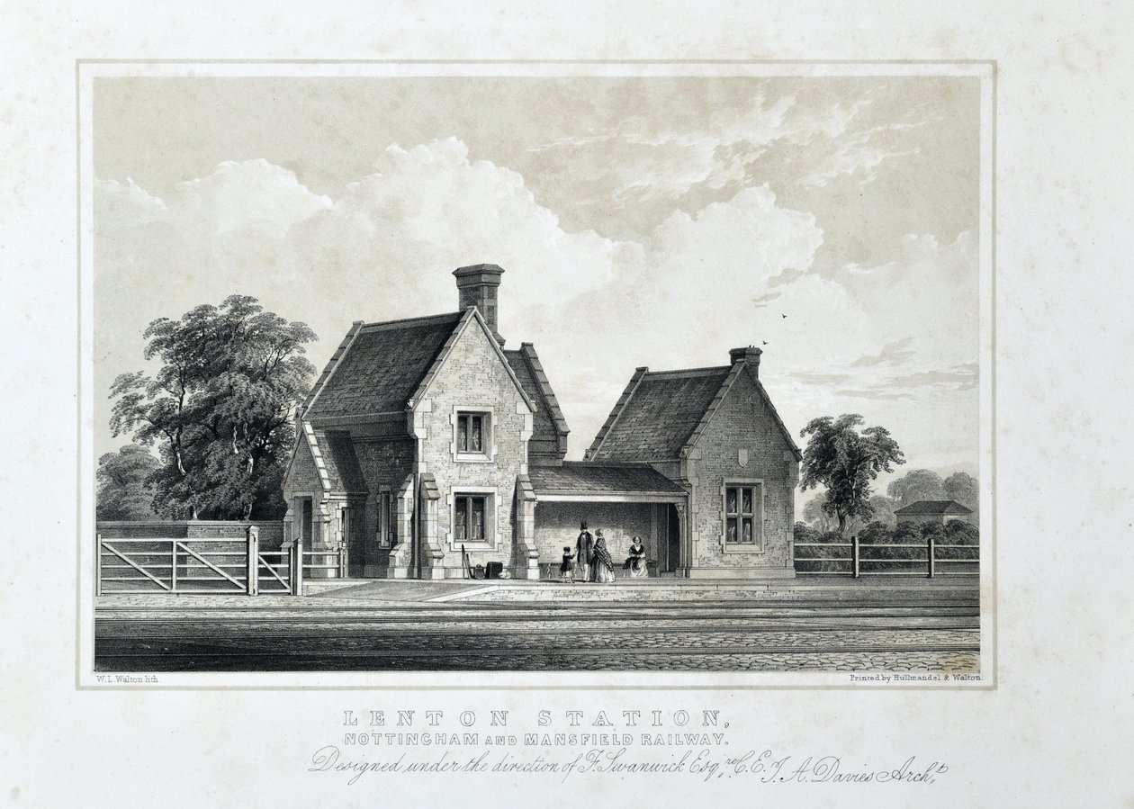 Lenton Station, Nottingham og Mansfield Railway c1848 (tonet litografi på papir) af W.L. Walton