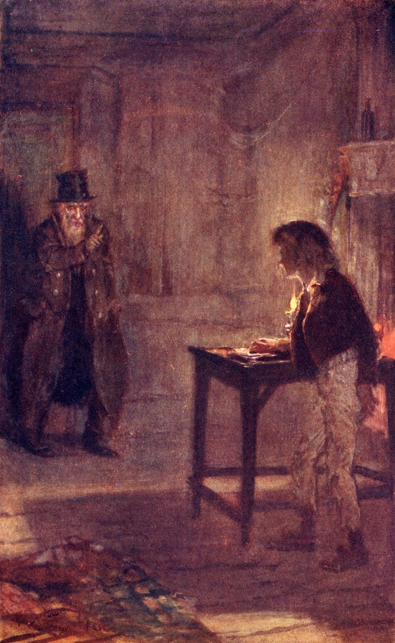Fagin advarer Oliver, frontispice fra "The Adventures of Oliver Twist" af Charles Dickens af W.S. Stacey
