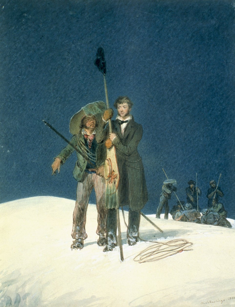 Charles Fellows med William Hawes, Plants a Baton on the Summit, inkluderet som en indsættelse i A Narrative of an Ascent to the Summit of Mont Blanc af Charles Fellows (1799-1860), udgivet 1827 (wc on pa) af W.S. Hastings