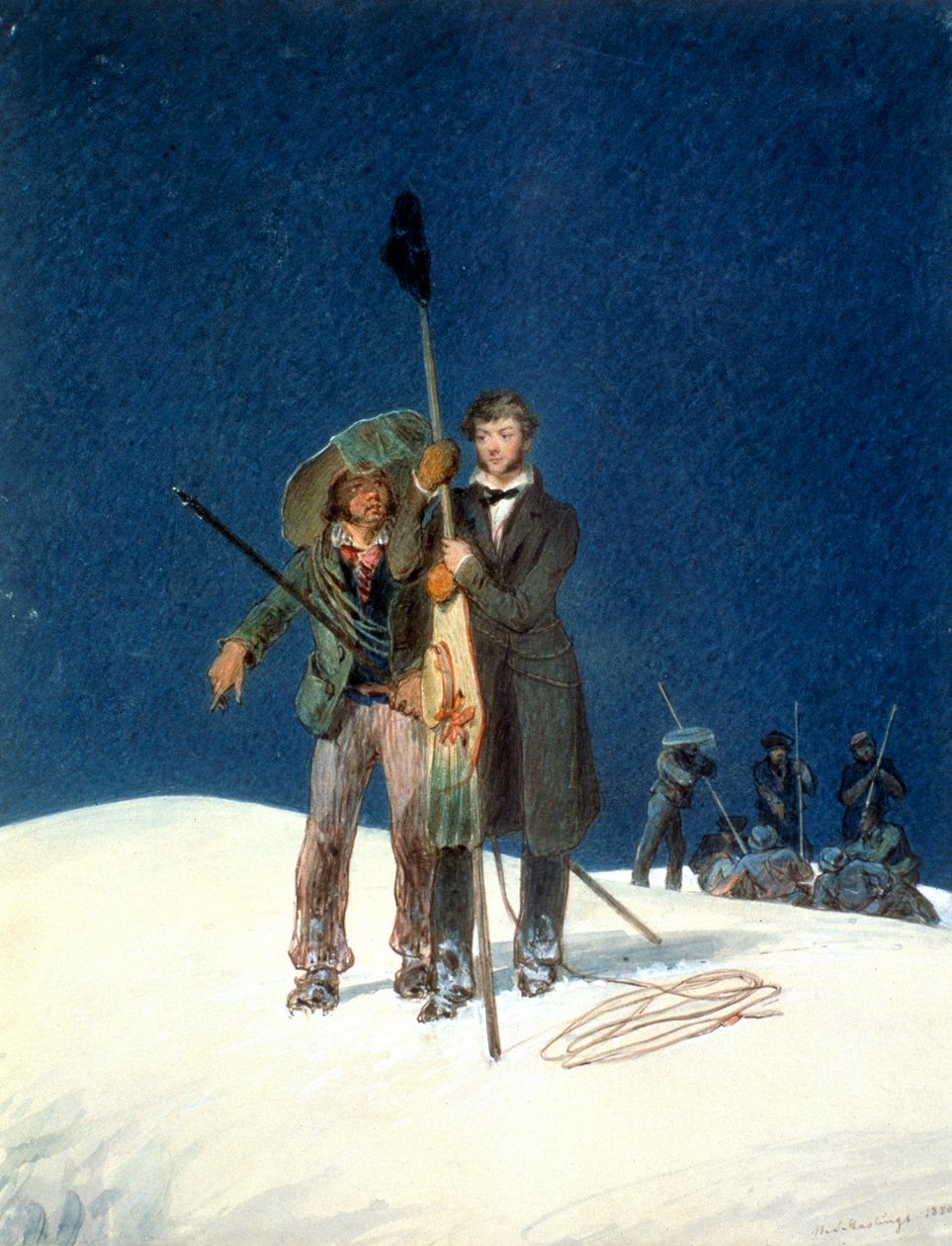 Charles Fellows med William Hawes planter en stafet på toppen af Mont Blanc, 1827 af WS Hastings