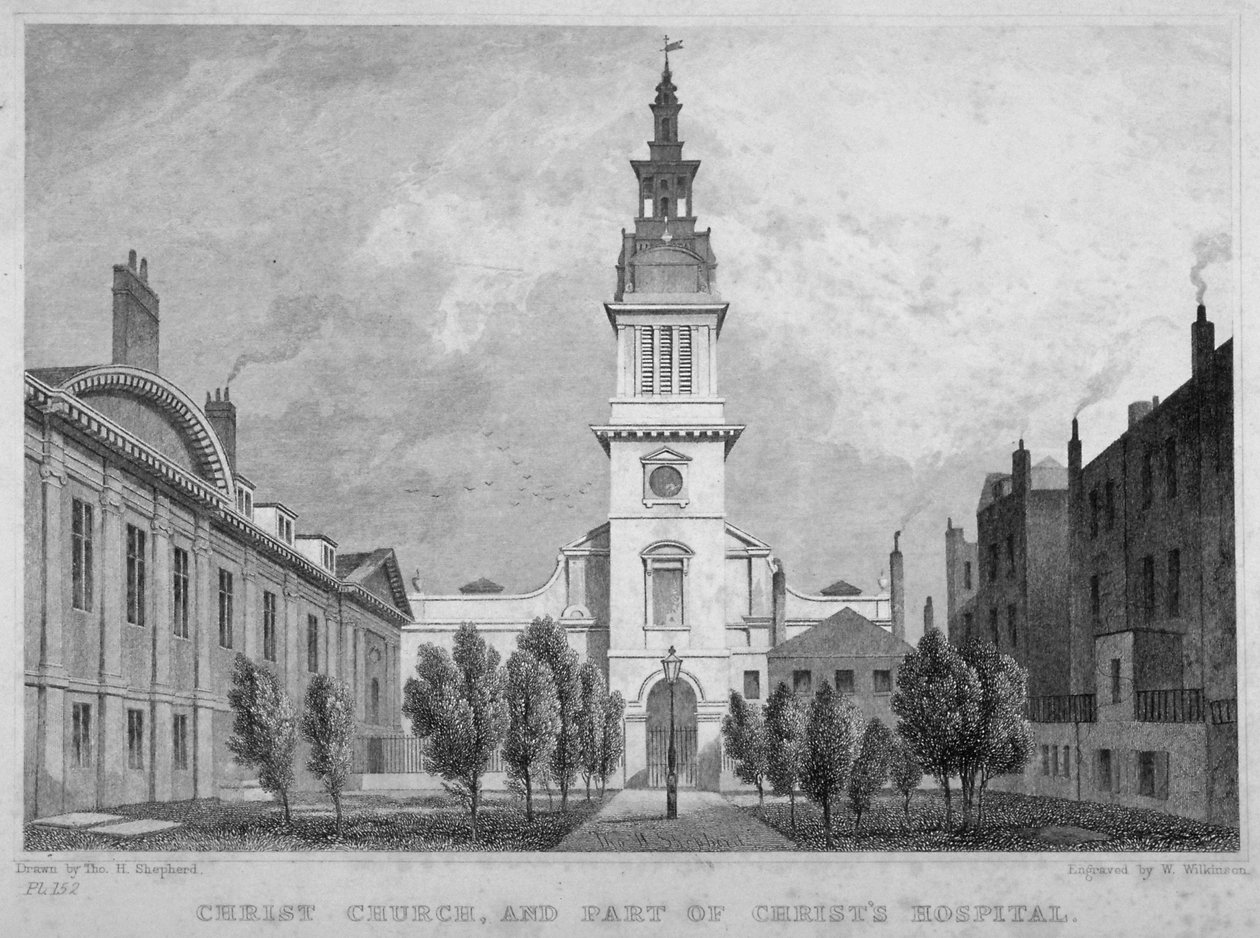 Vestlig udsigt over Christ Church, Newgate Street, med en del af Christ