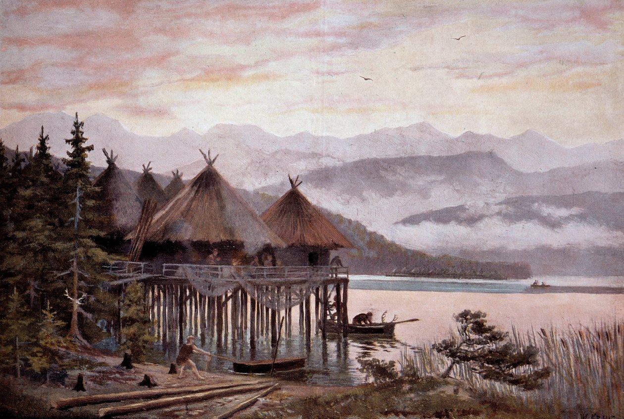 Forhistorie: landsby bati på pæle ved bredden af søen Zürich i Pierres tidsalder. Sølandsby, forhistorisk søby. Fra et maleri af W. Kranz 20. århundrede af W. (after) Kranz