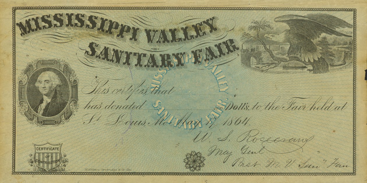 Blankt illustreret bidragsbevis for donationer foretaget på Mississippi Valley Sanitary Fair, 7. maj 1864 af W. A. Rosecrans