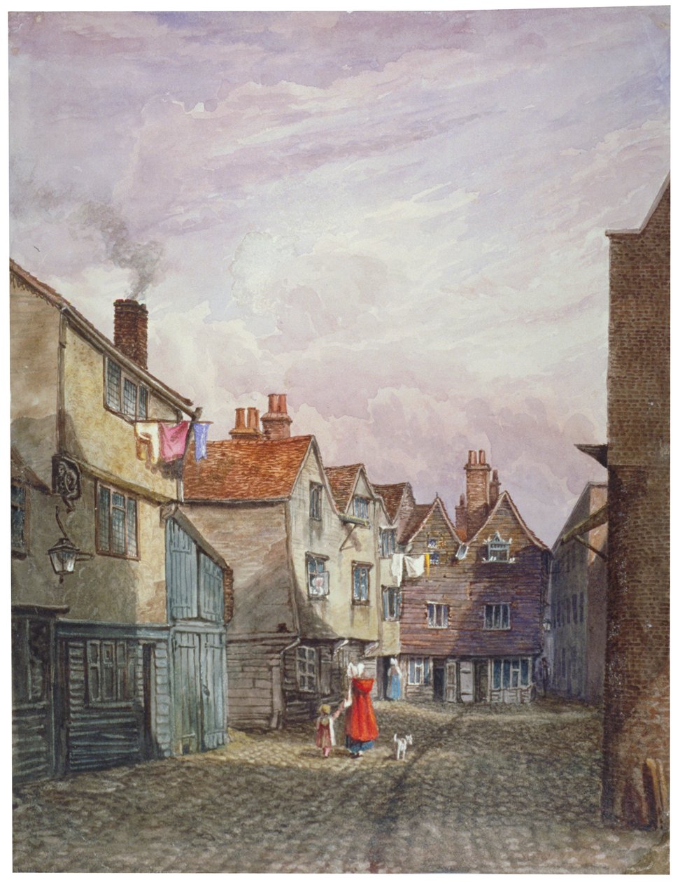 Udsigt af en kvinde og et barn, der går ned af Crown Court, Bermondsey, London, c1825 af W Barker