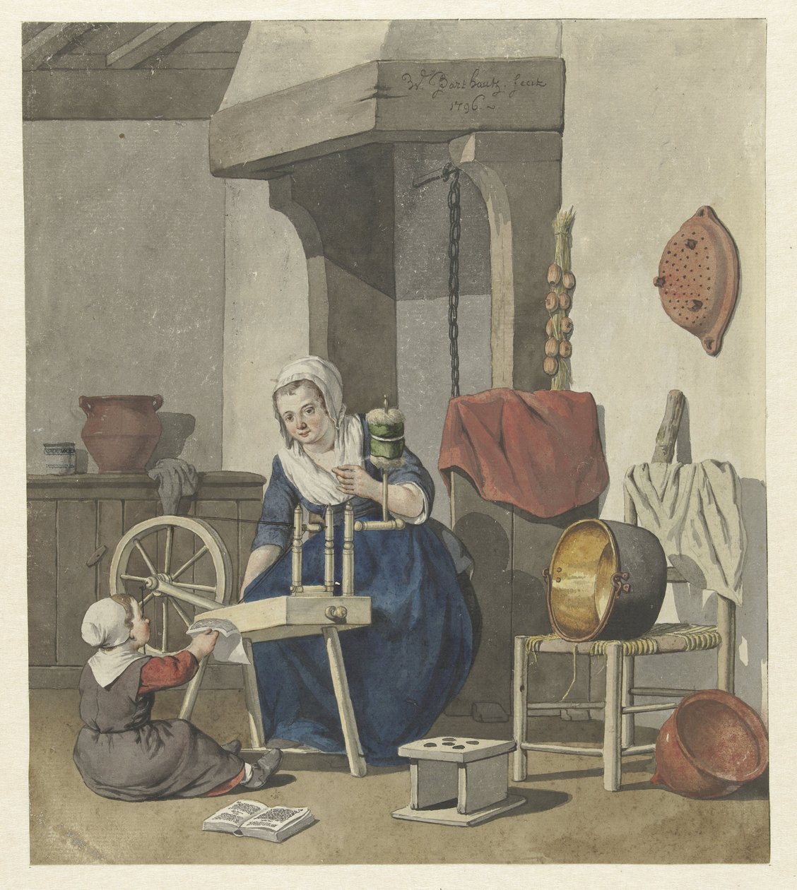 Interiør med en roterende kvinde med et barn af W. Barthautz