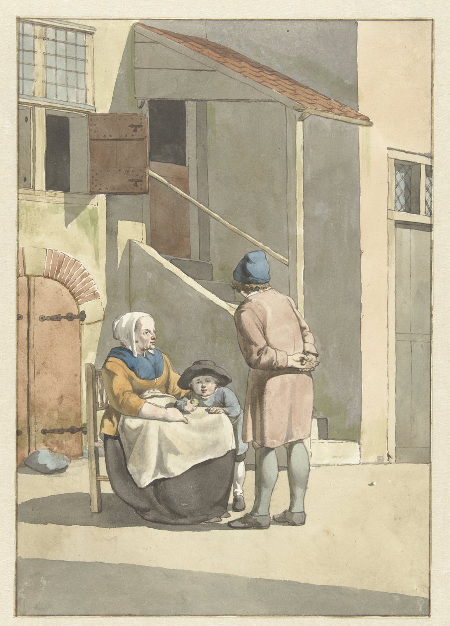 Dreng og kvinde med barn foran et hus af W. Barthautz