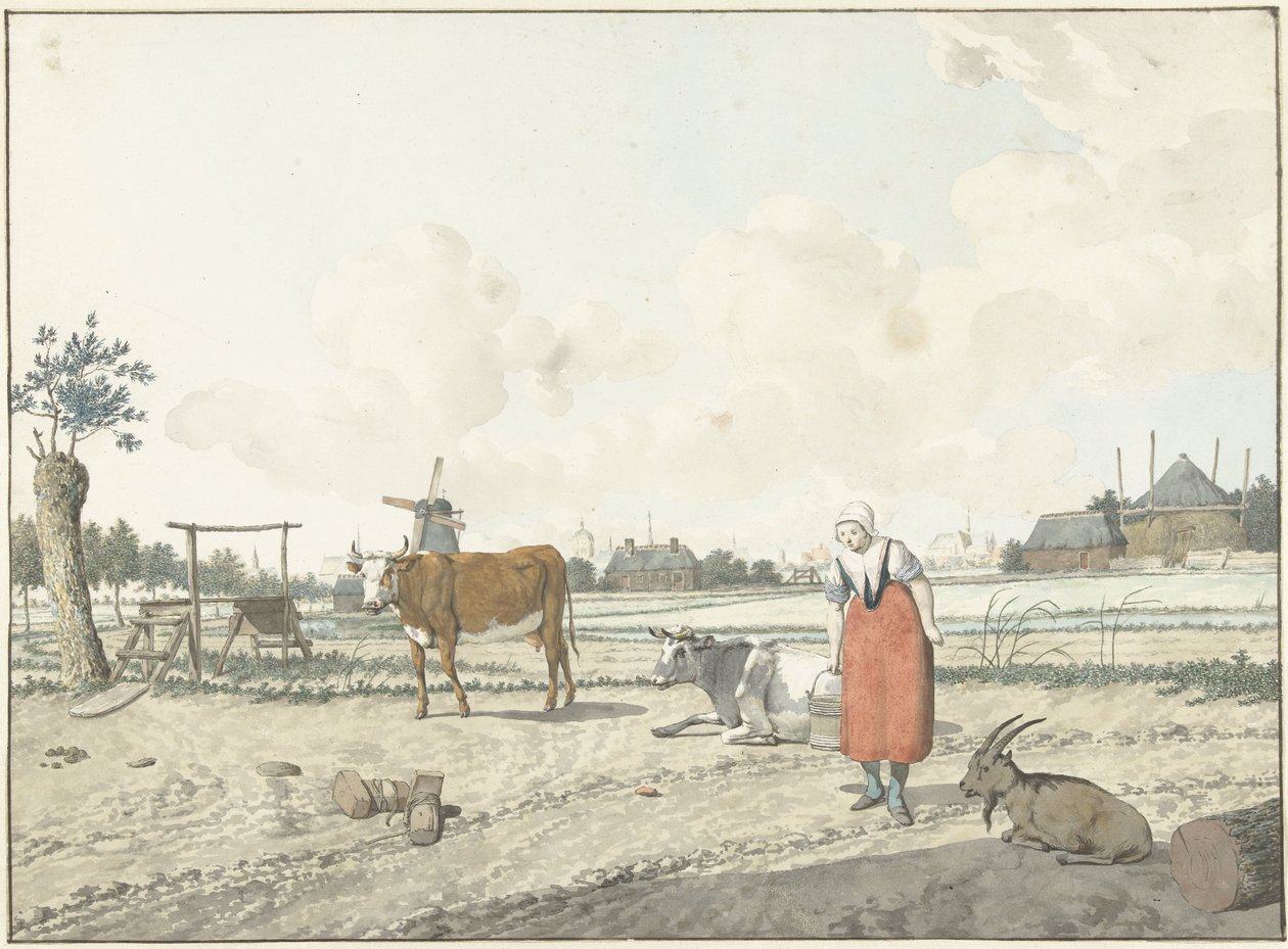 Landskab med bondekone og kreaturer af W. Barthautz