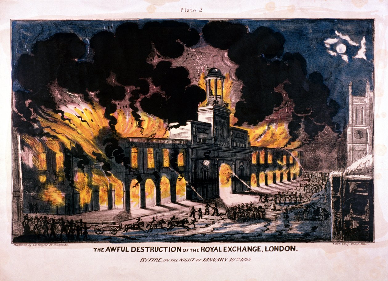 The Awful Destruction of the Royal Exchange 2nd brand, London, 1838 af W Clerk