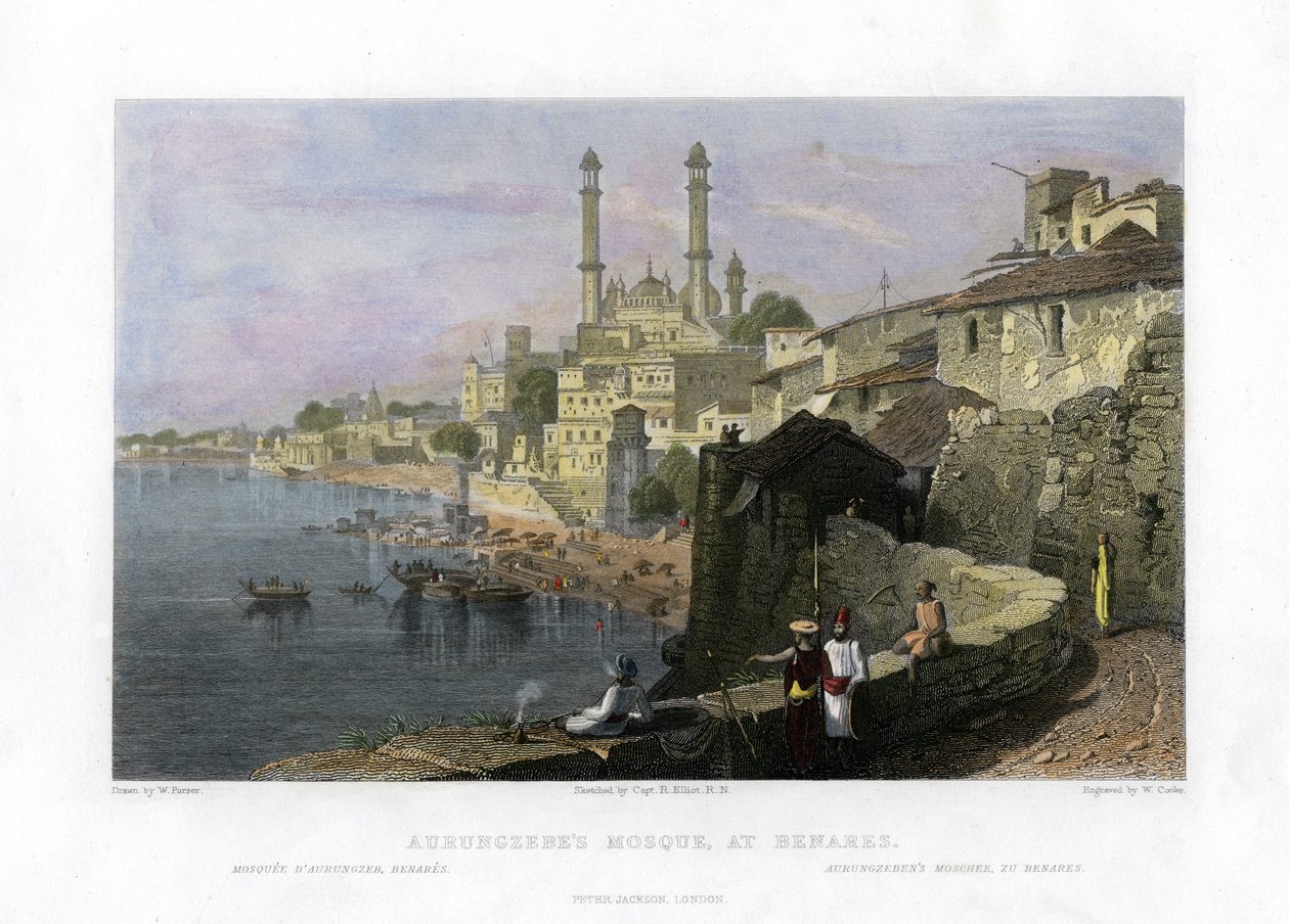 Aurangzebs moske i Benares, Indien, 1800-tallet af W Cook