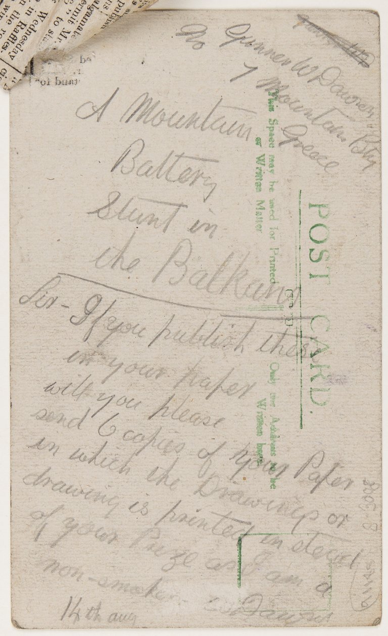 Postkort til redaktøren af Liverpool Weekly Courier, 14. august 1918 (blyant på postkort) af W. Dawson
