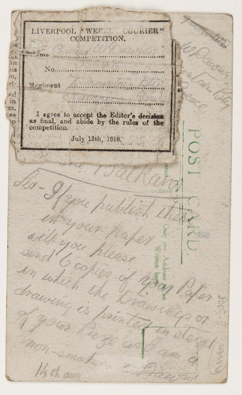 Postkort til redaktøren af Liverpool Weekly Courier, 14. august 1918 (blyant på postkort) af W. Dawson