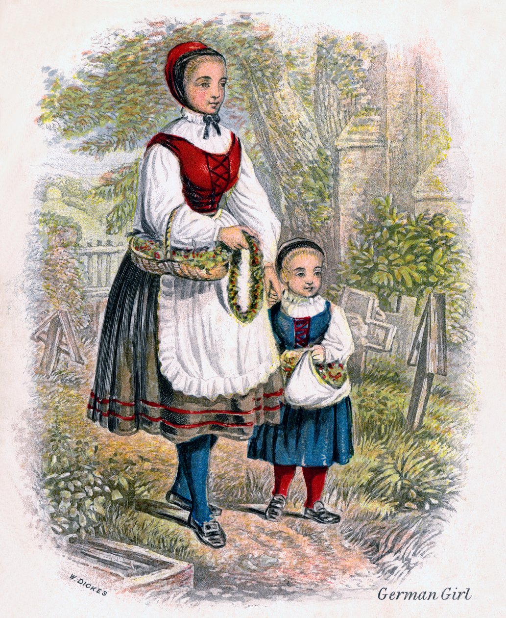 To tyske piger med kurve med blomster, 1809. af W. Dickes