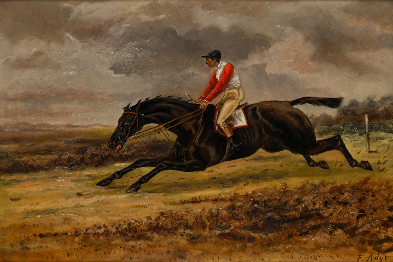 En galoperende hest med jockey oppe, iført Bradford-racerfarver, ca. 1839-98 (olie på lærred) af W. F. Adye