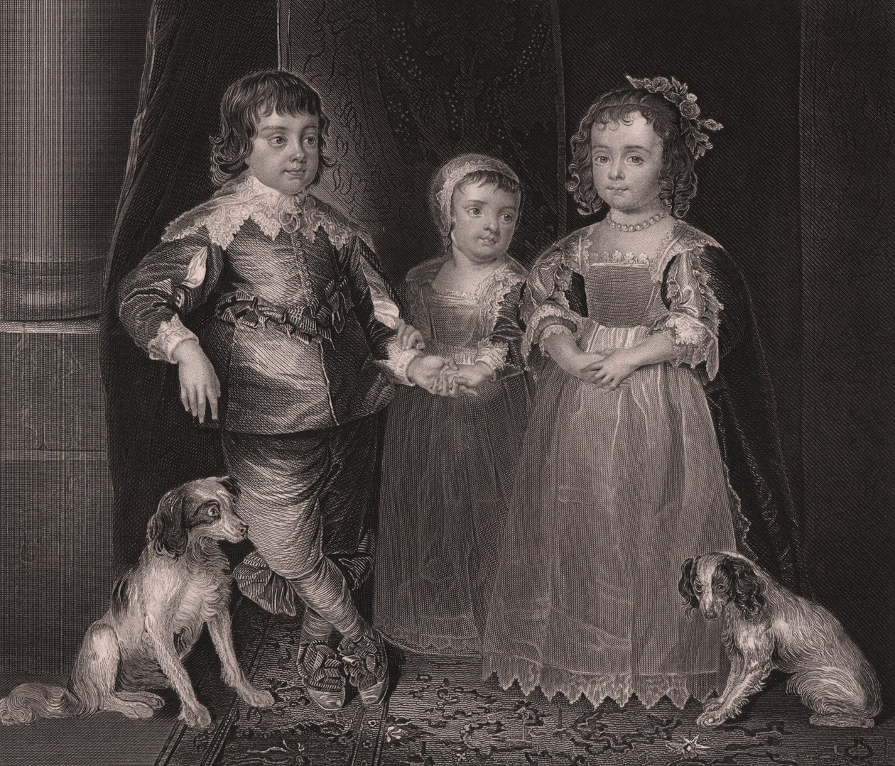 Charles, James og Henrietta, børn af Charles I af England, gravering fra Paynes Royal Dresden Gallery, af Albert Henry Payne, H Payne Dresden og Leipzig Publisher, ca. 1840 af John Ward Dunsmore