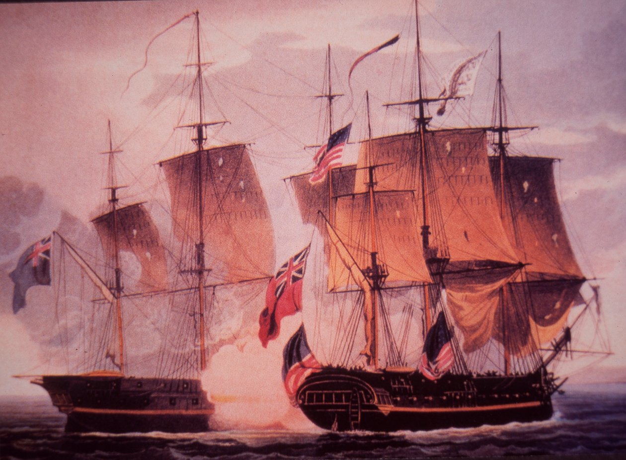 HMS Shannon og USS Chesapeake (farve litho) af John Ward Dunsmore