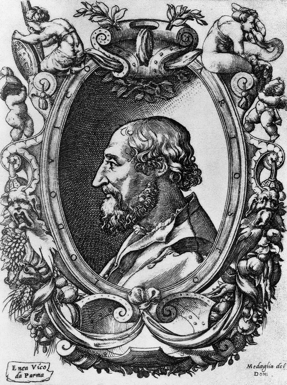 Portræt af Ludovico Ariosto (1474-1533), italiensk digter og dramatiker, Medaglie del Doni, gravering af Enea Vico (1523-1567) af John Ward Dunsmore