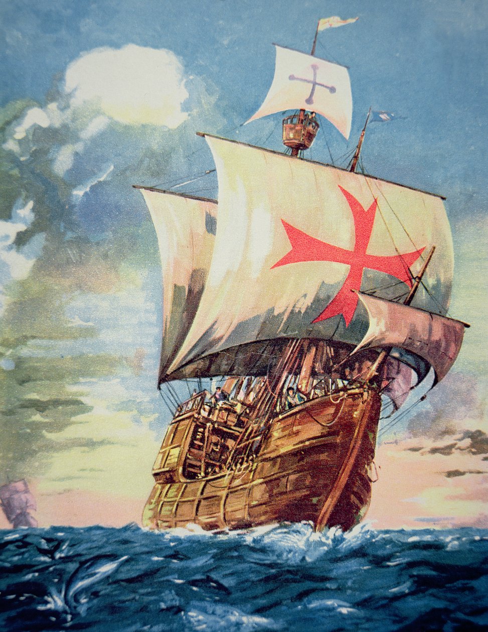 Santa Maria tager Christopher Columbus til Amerika i 1492 (farve litho) af John Ward Dunsmore