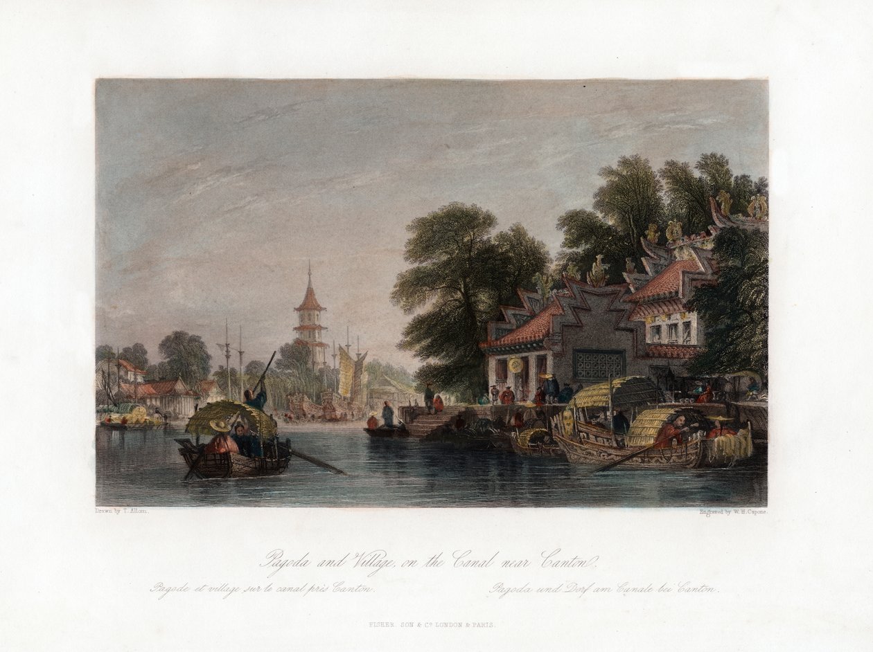 Pagoda and Village, på kanalen nær Canton, Kina, c1840. af W. H. Capone