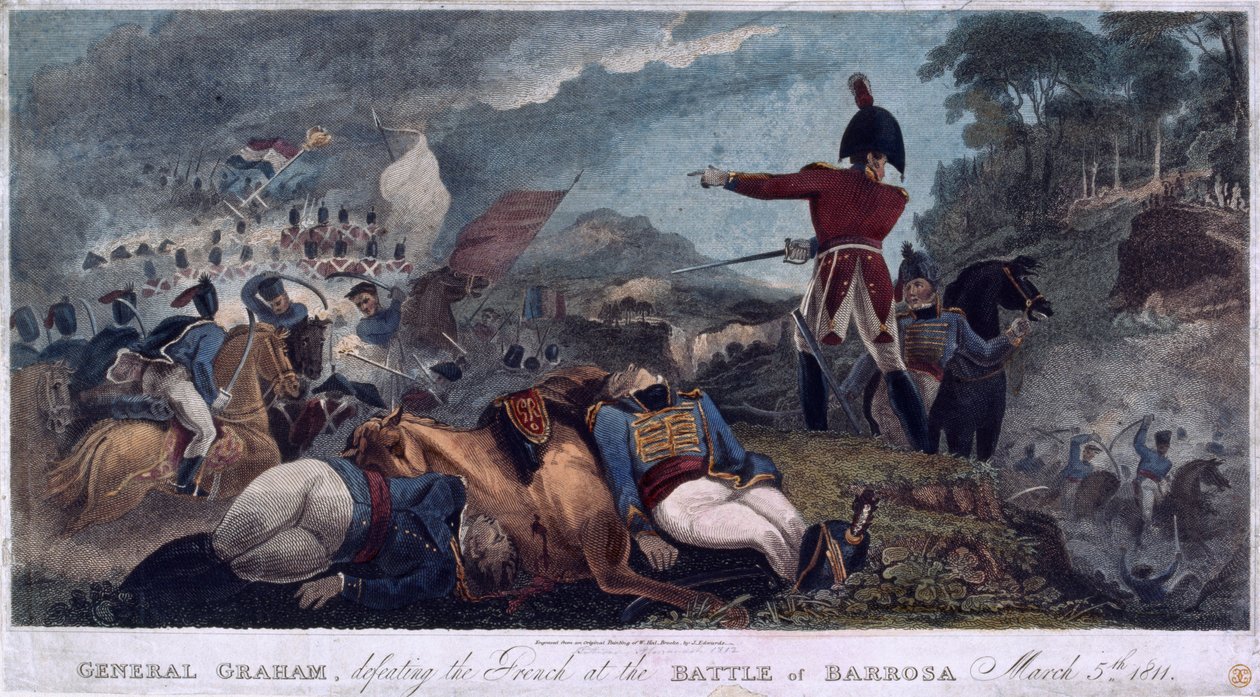 General Graham besejrede franskmændene i slaget ved Barrosa, indgraveret af J. Edwards, udgivet af Almanack Stationers, 1812 af W. Hal Brooke