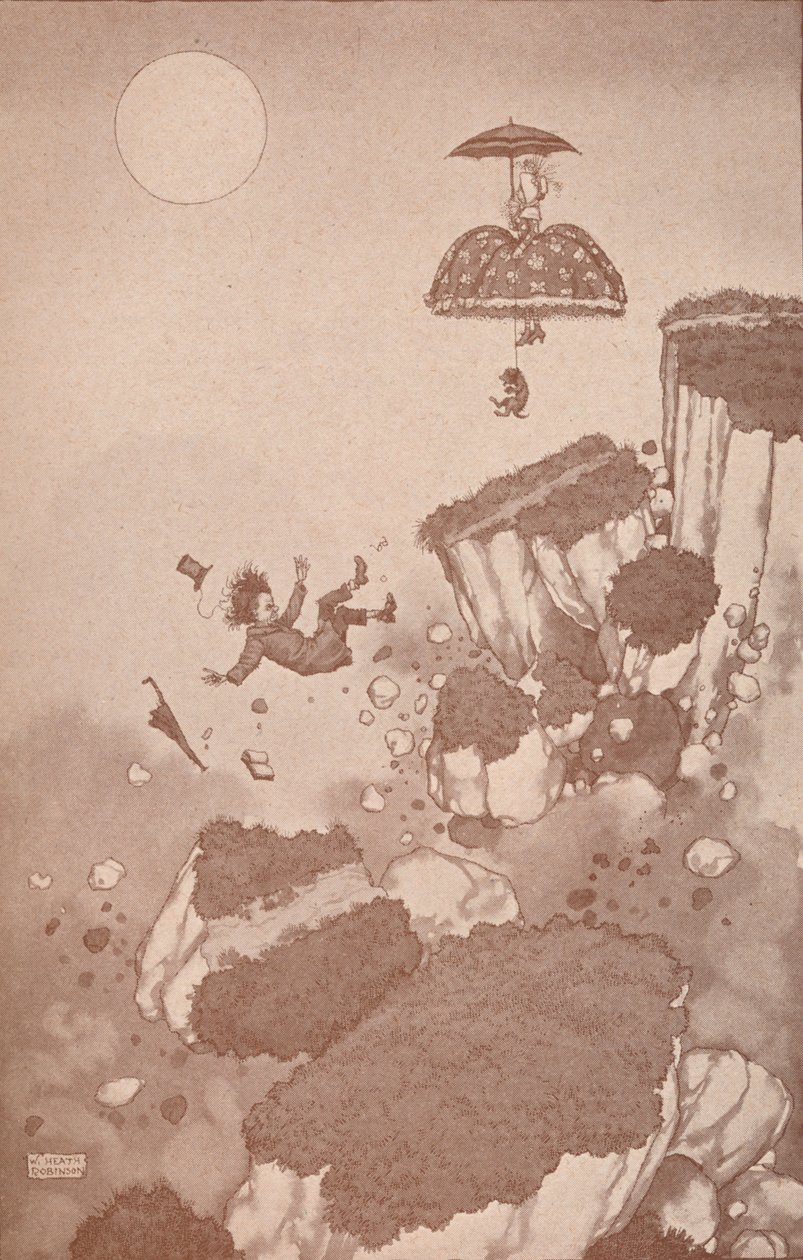 Hvordan opfinderen af flyet først fik ideen under et jordskred, c1918 1919 af William Heath Robinson
