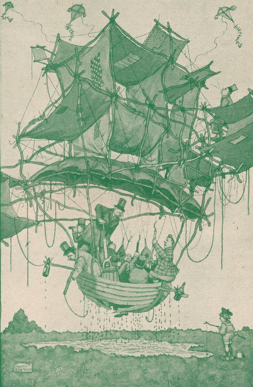 En ret tidlig type vandflyvemaskine, der laver en prøveflyvning fra Hampstead Ponds, c1918 1919 af William Heath Robinson
