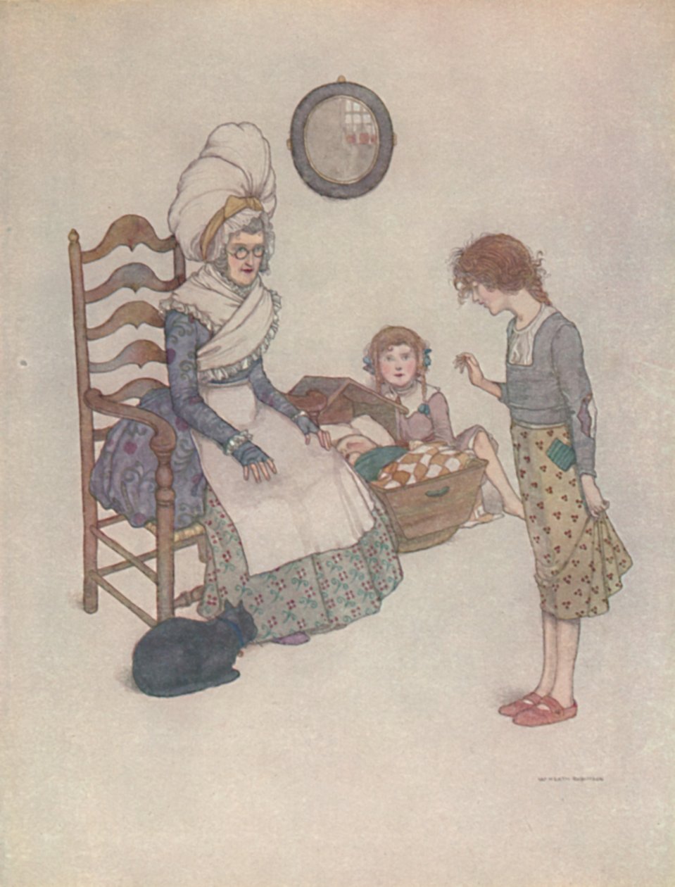 Hun satte sig en dag og lavede et par små sko af nogle stykker rødt stof, c1930 af William Heath Robinson