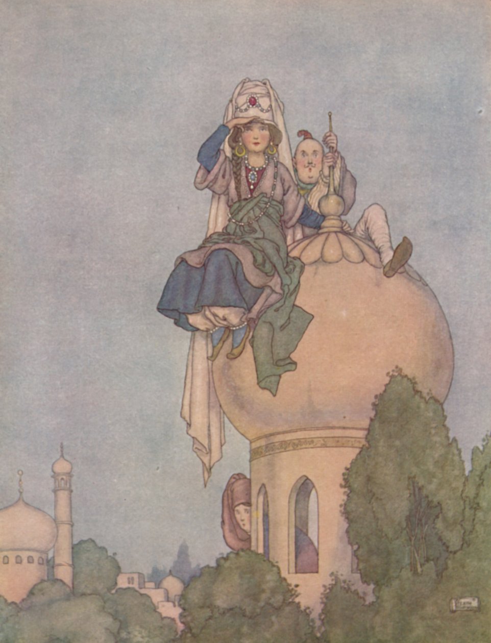 Hun sad den levelange dag på taget af hendes palads og ventede ham, c1930 af William Heath Robinson