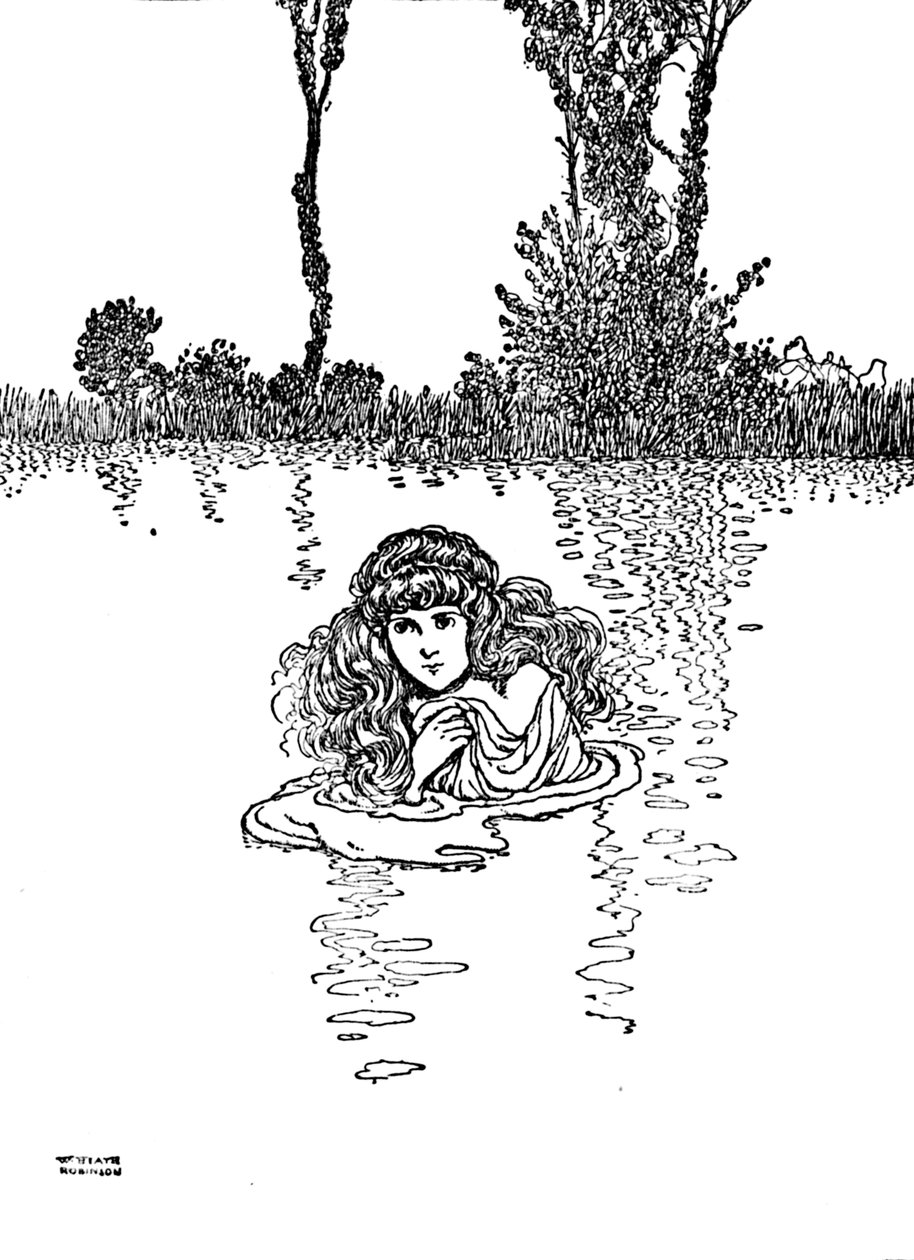 Så Elise tog sit tøj af og trådte i vandet, c1930 af William Heath Robinson