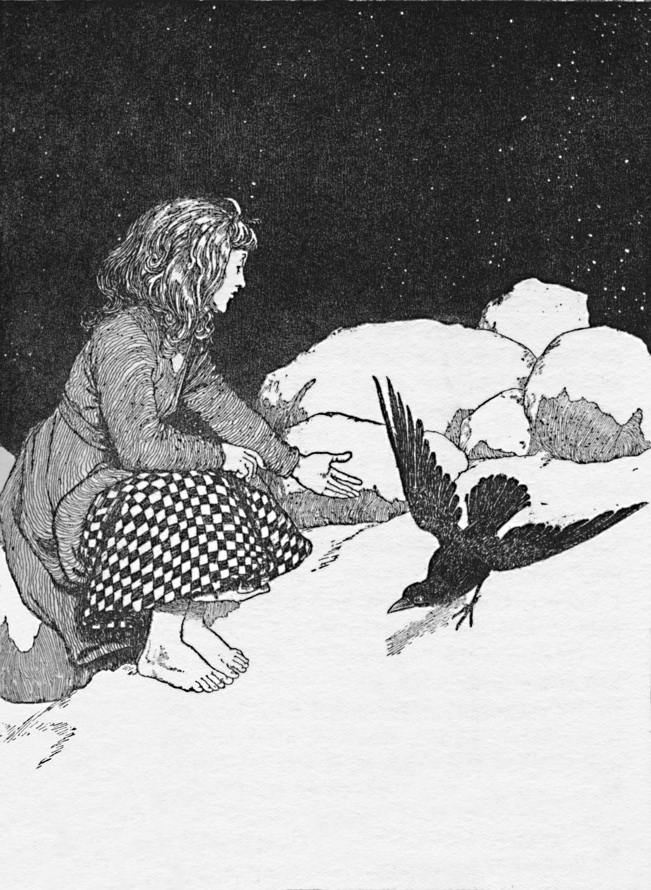 Pludselig hoppede en stor ravn på sneen foran hende, c1930 af William Heath Robinson
