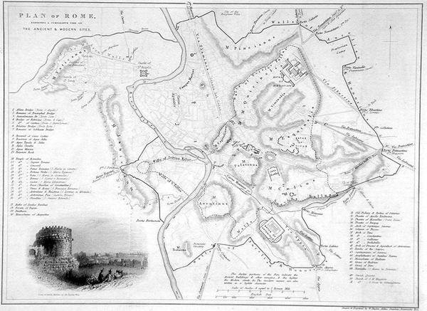 Rom, Italien: Sammenlignende kort over gamle og moderne steder, ca. 1850 (gravering) af W Hughes