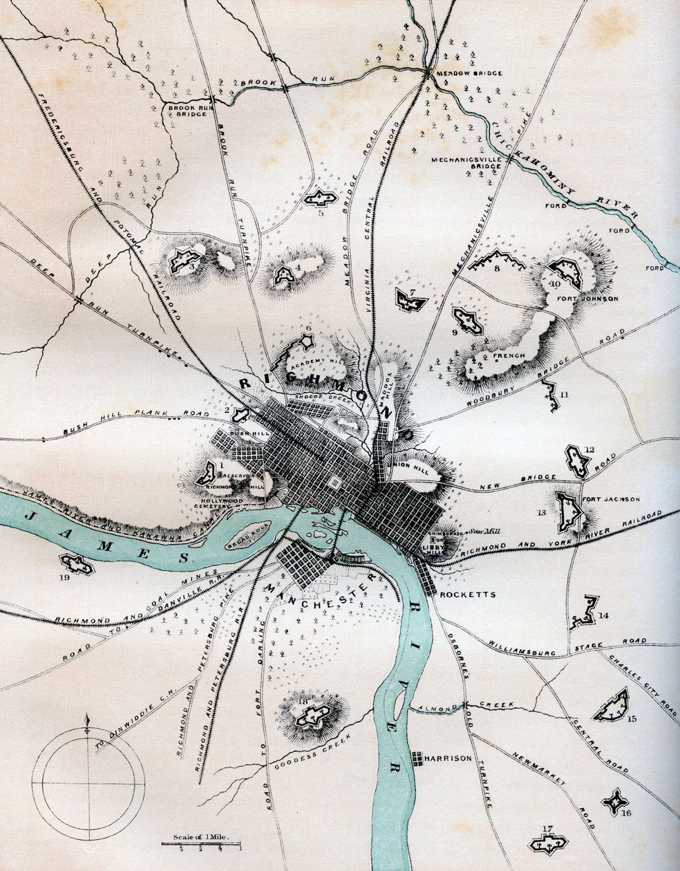 Et kort over Richmond og dets nærhed, der viser alle batterier, 1862-1867. af W Kemble