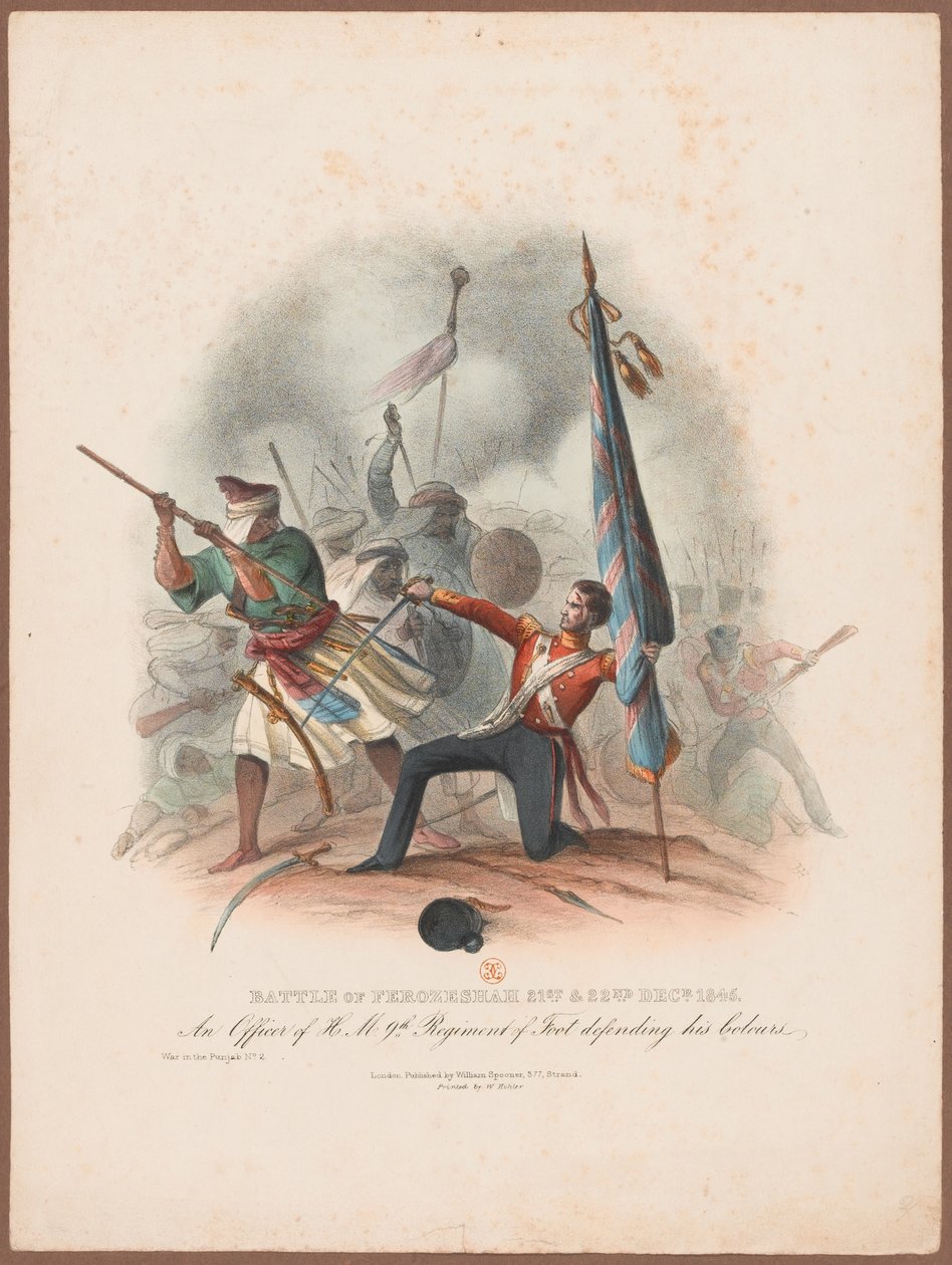 ?Slaget ved Ferozeshah 21. og 22. december 1845. En officer fra HM 9. Regiment, der forsvarer sine farver? af W. Kohler