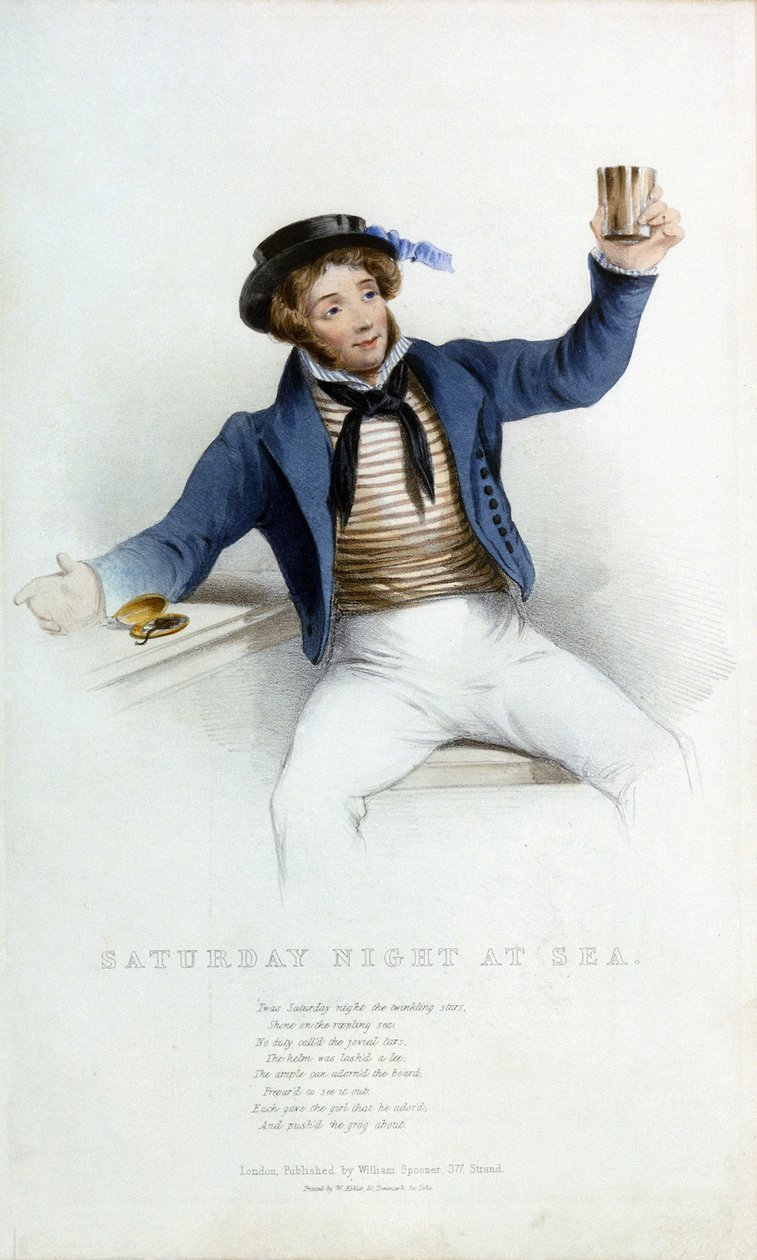 Lørdag aften til søs, sømand løfter sit bæger for at drikke. Farvelitografi af W. Kohler