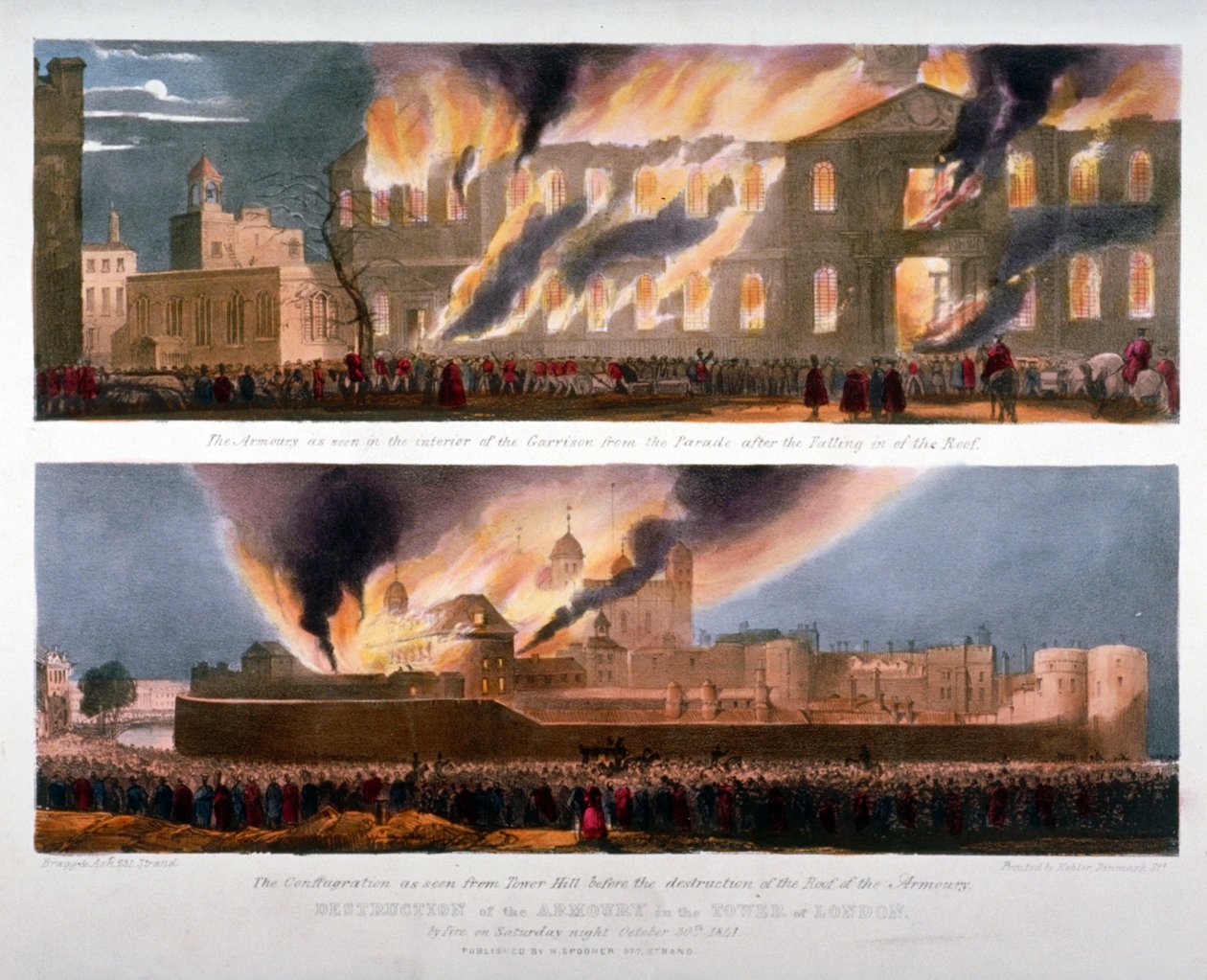 To visninger af ødelæggelsen af Armory i Tower of London ved brand, 30. oktober 1841 af W Kohler and Co