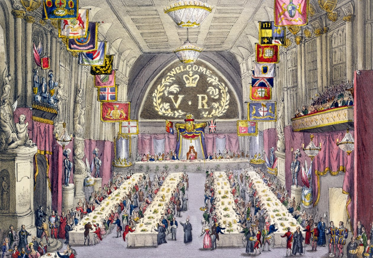The Common Crier proklamerer en skål for sundhed til dronning Victoria ved en banket afholdt i Guildhall, 1837 af W. Lake
