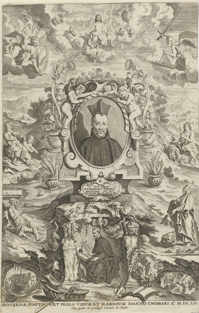 Portræt af Jeremias Drexel Titelside for: JE. Drexel, De sonne-bloeme oft Vande over-a-cominge van den menscheliicken wille met de[n] godtliicke[n], 1660 af W Merel van