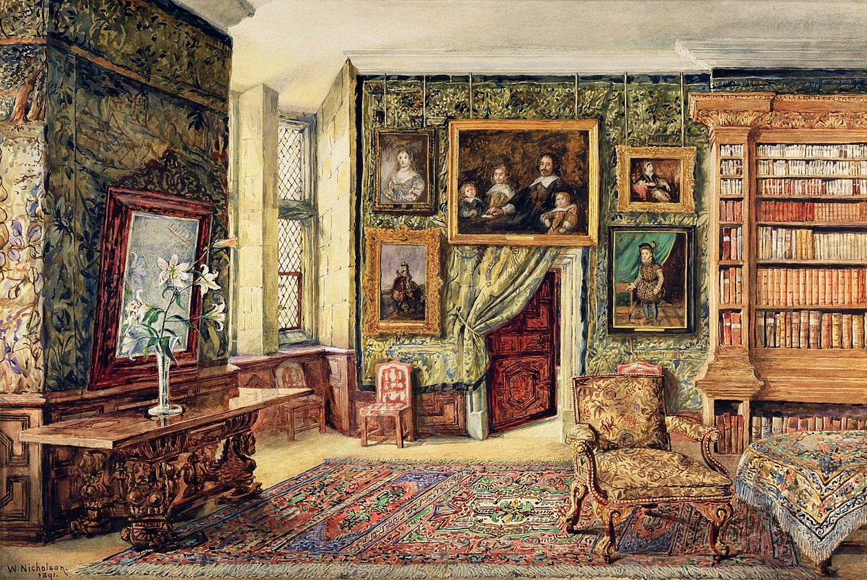 Biblioteket i Hardwick Hall, Derbyshire, 1891 (wc) af W. Nicholson