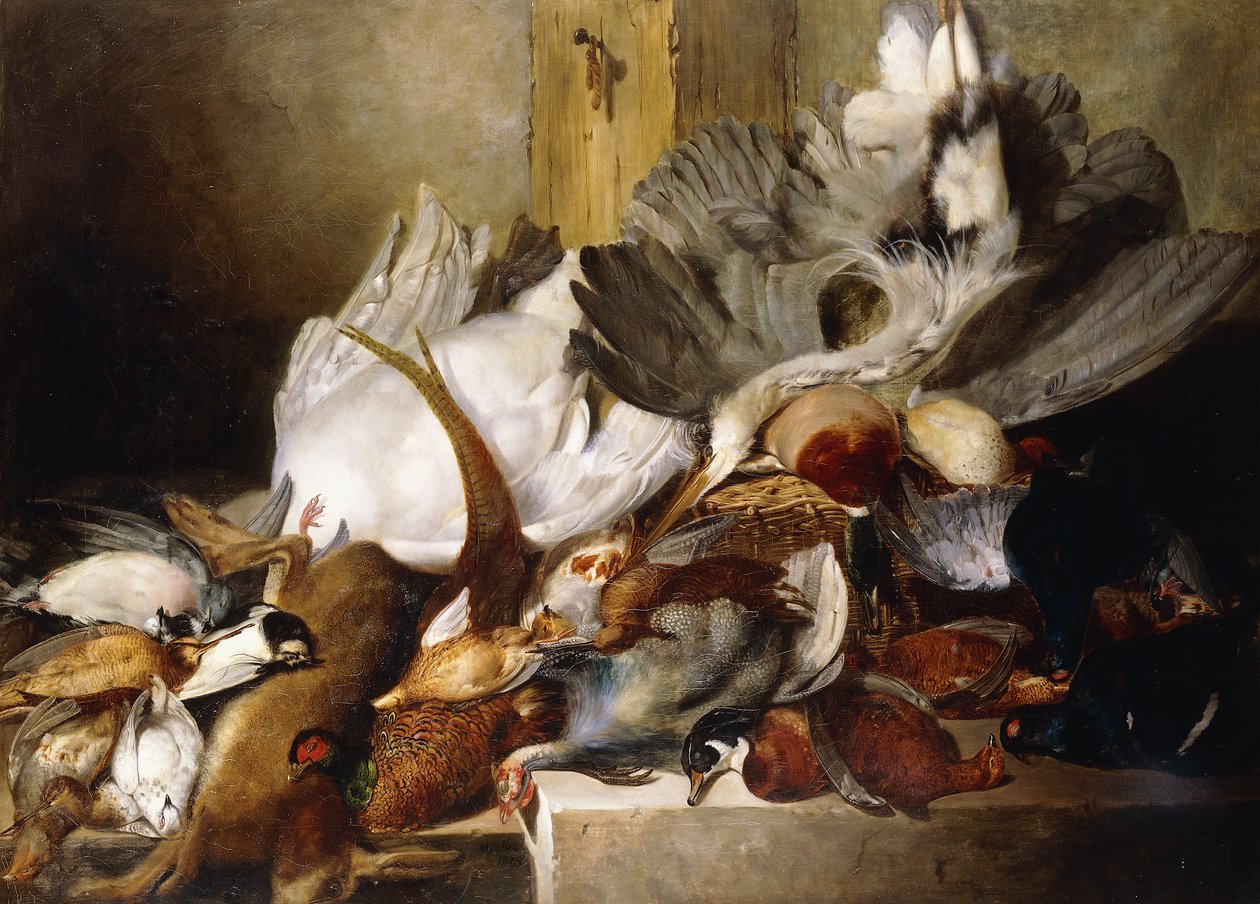 Et stilleben af døde fugle; En hejre, der hænger fra en væg, and, fasan, agerhøne, skovsneppe, en svane og en due med en hare, 1845 af W. Oakes