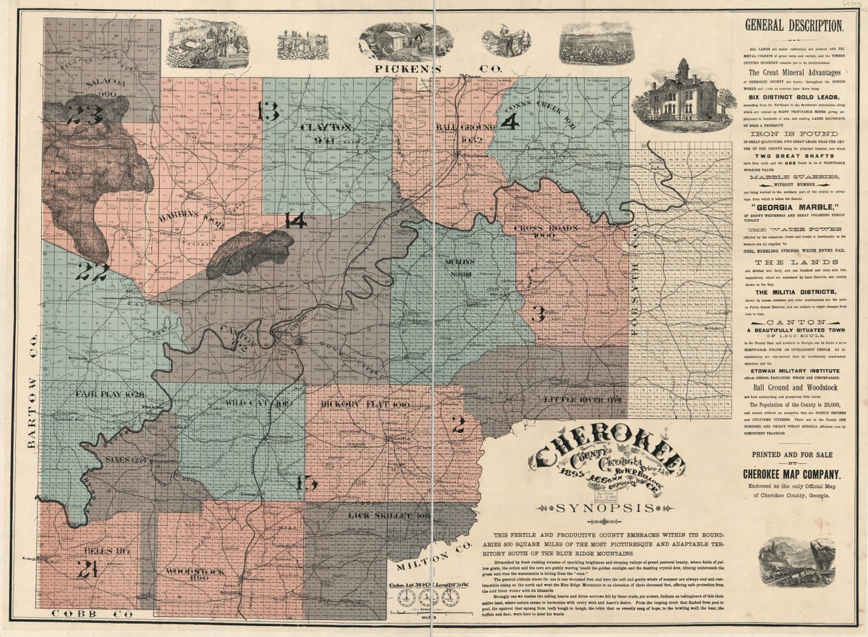 På engelsk:  Viser matrikel- og bloknumre og beboernes navne. Godkendt som det eneste officielle kort over Cherokee County. To ark sat sammen til 1, monteret på lærred. LC Land ownership maps, 87 Indeholder tekst og ill. Fås også gennem biblioteket af W. P. Bullock
