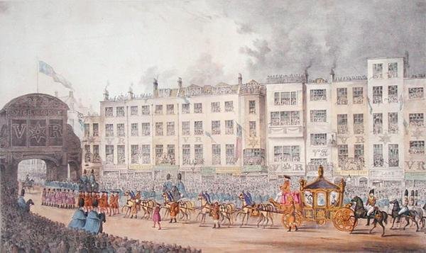 Udsigt over Temple Bar under Dronning Victorias besøg i City of London i 1837 af W. R. Browne