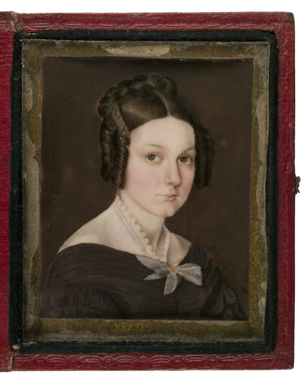 Miniatureportræt af Sally Ann Gage, ca. 1837 (wc på elfenben, læder, kobberlegering og glas) af W. R. Herve