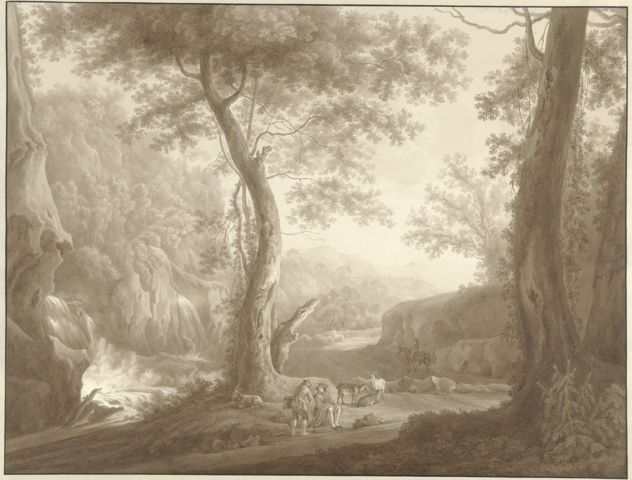 Bjerglandskab med gedehyrde og rejsende af W. Regnu (possibly)