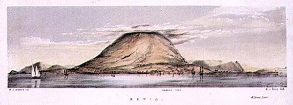 Udsigt over Charlestown på øen Nevis, Vestindien, indgraveret af Henry C. Trery (fl.1849-54), ca. 1849 (farvet litho) af W. S. (after) Andrews