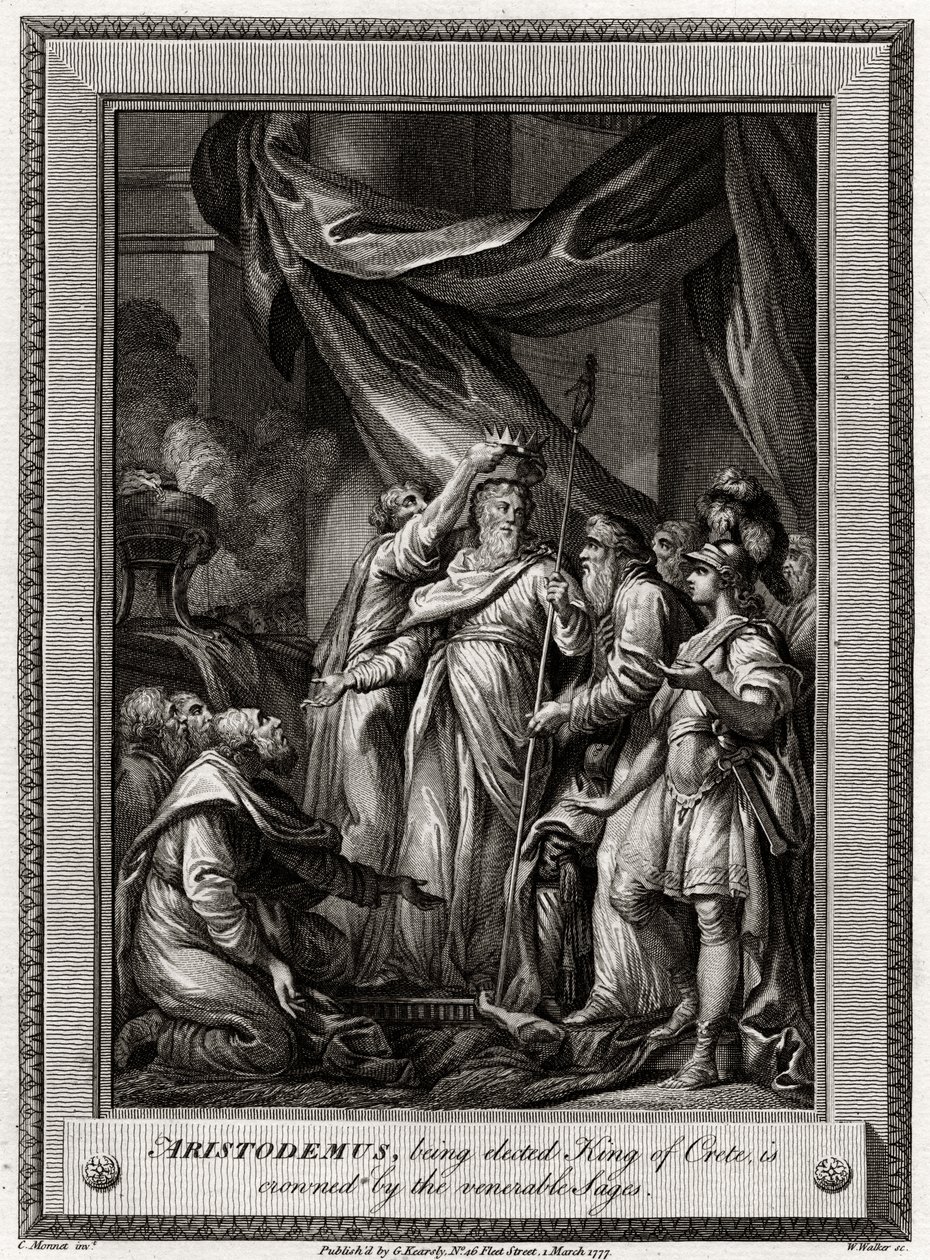 Aristodemus, der bliver valgt til konge af Kreta, krones af de ærværdige vismænd, 1777 af W. Walker