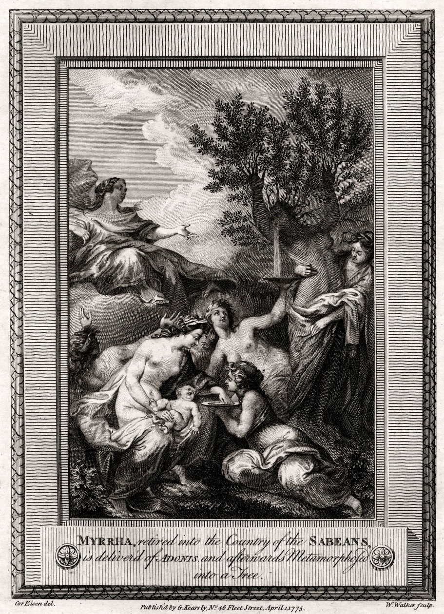Myrrha, trukket tilbage til Sabeernes land, bliver leveret af Adonis..., 1775 af W. Walker