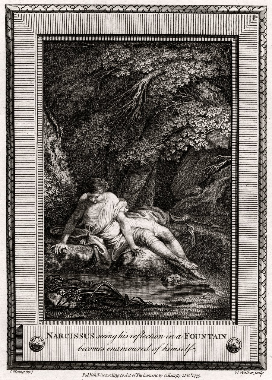 Narcissus, der ser sin spejling i en fontæne, bliver forelsket i sig selv, 1775 af W. Walker