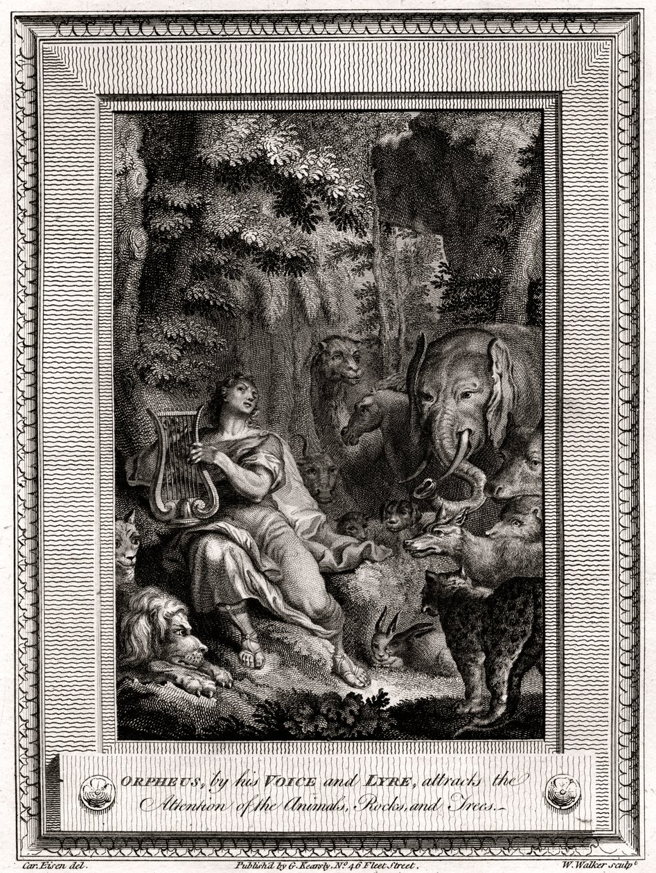 Orpheus, ved sin stemme og lyre, tiltrækker opmærksomheden fra Animals, Rocks and Trees, 1774. af W. Walker
