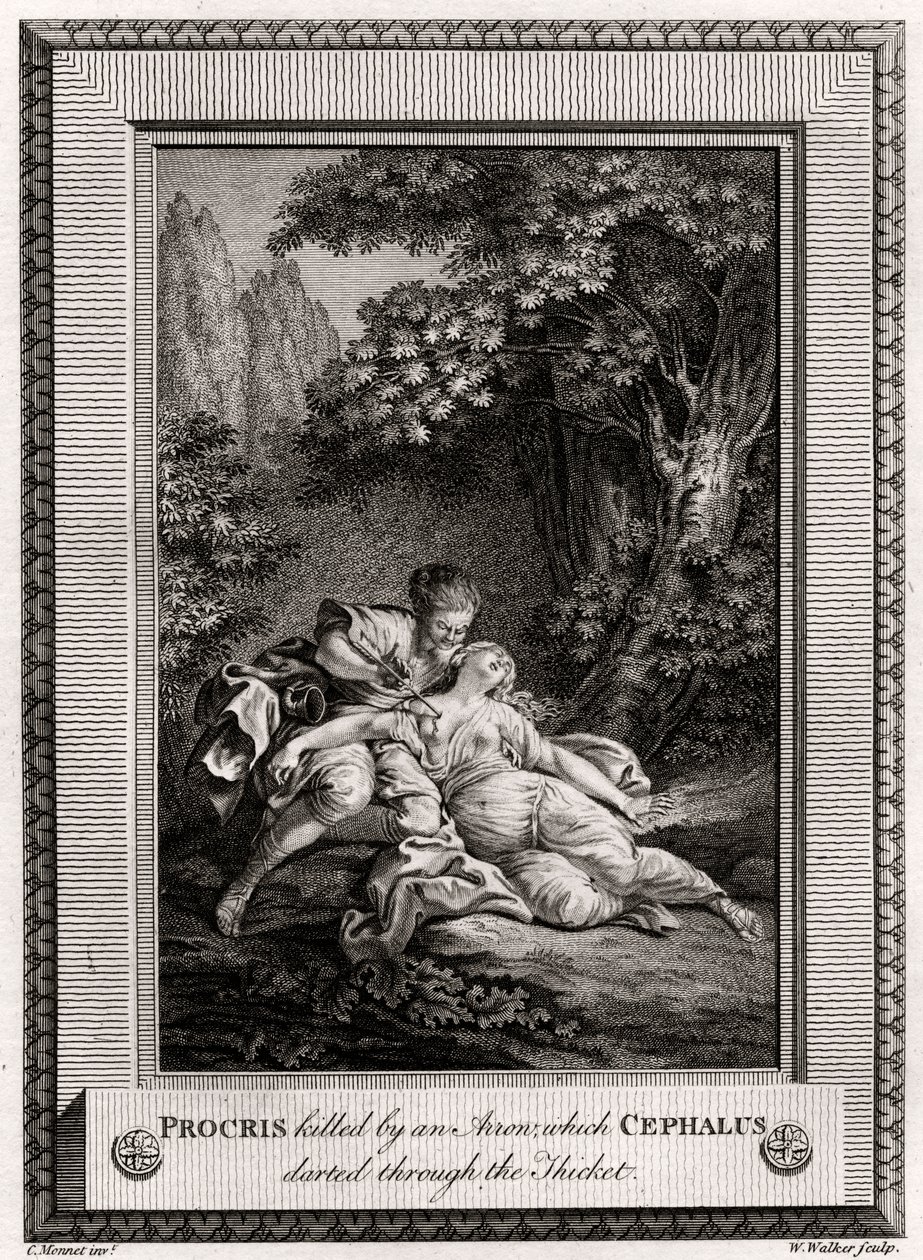 Procris dræbt af en pil, som Cephalus drønede gennem krattet, 1775 af W. Walker
