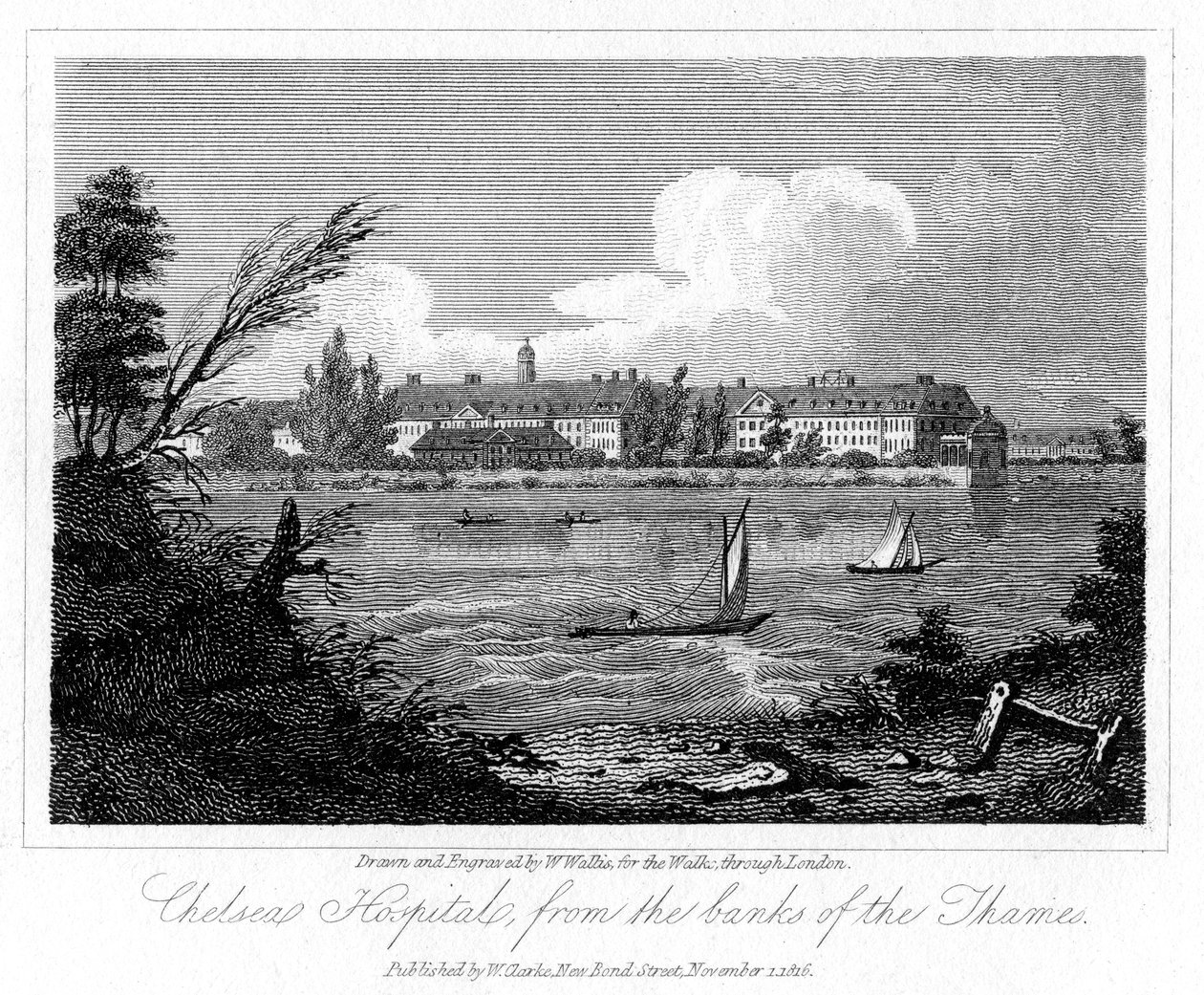 Chelsea Hospital, fra Banks of the Thames, London, 1816. af W. Wallis